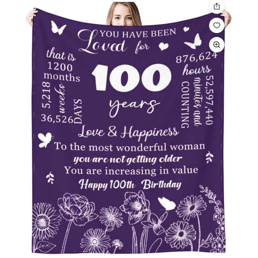 100th Birthday Blanket, 50x60, Gift, Women,‎ Grandma, 100 Year Old, Decor